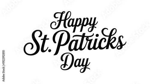 Decorative Happy St. Patrick’s Day cursive text design in elegant black lettering on white background, festive Irish holiday greeting artwork