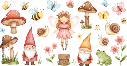 Whimsical illustration of fairies gnomes mushrooms and forest creatures in a magical setting with flowers
