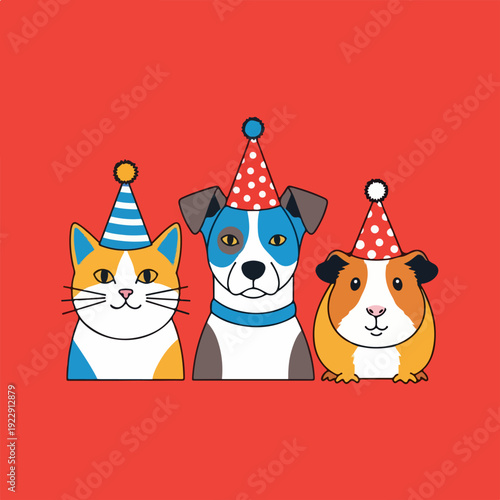 Festive animal trio - Cat, dog, and guinea pig celebrating a party.