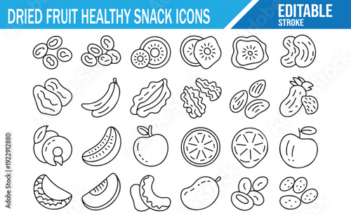Line Art Vector Icons of Various Dried Fruits Like Apricot and Fig