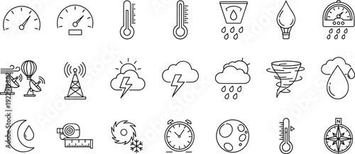 Weather and meteorology line icon set featuring thermometer, rain, storm cloud, tornado, wind, humidity gauge, barometer, compass and climate forecast outline symbols collection