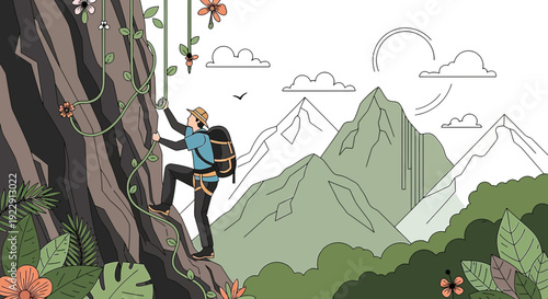 Adventurous Climber Ascends Rocky Mountain with Tropical Flora