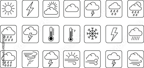 Weather forecast outline icons set showing sun, clouds, rain, storm, snowflake, wind and temperature symbols isolated vector collection for meteorology apps and climate design