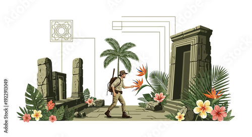 Adventurer Exploring Ancient Jungle Ruins with Tropical Flowers