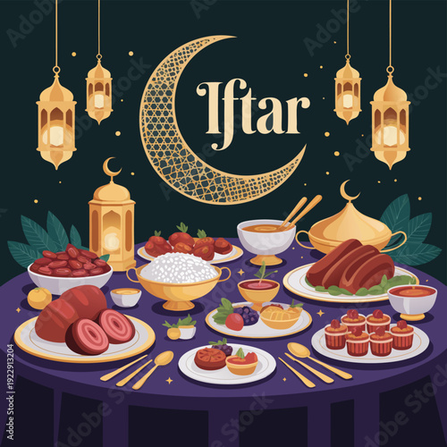 Traditional iftar dinner table setting with moon and lantern for ramadan kareem celebration