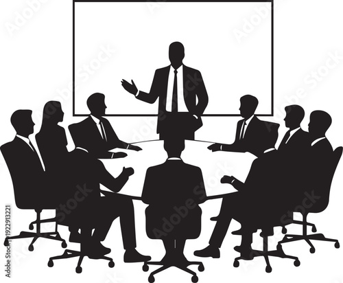Silhouette of people in business meeting around a table with a standing presenter des