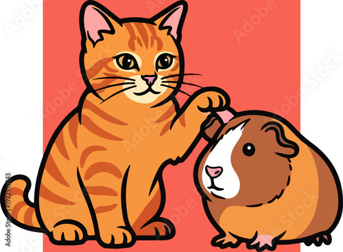 Friendly cat and guinea pig interacting in a colorful illustration.