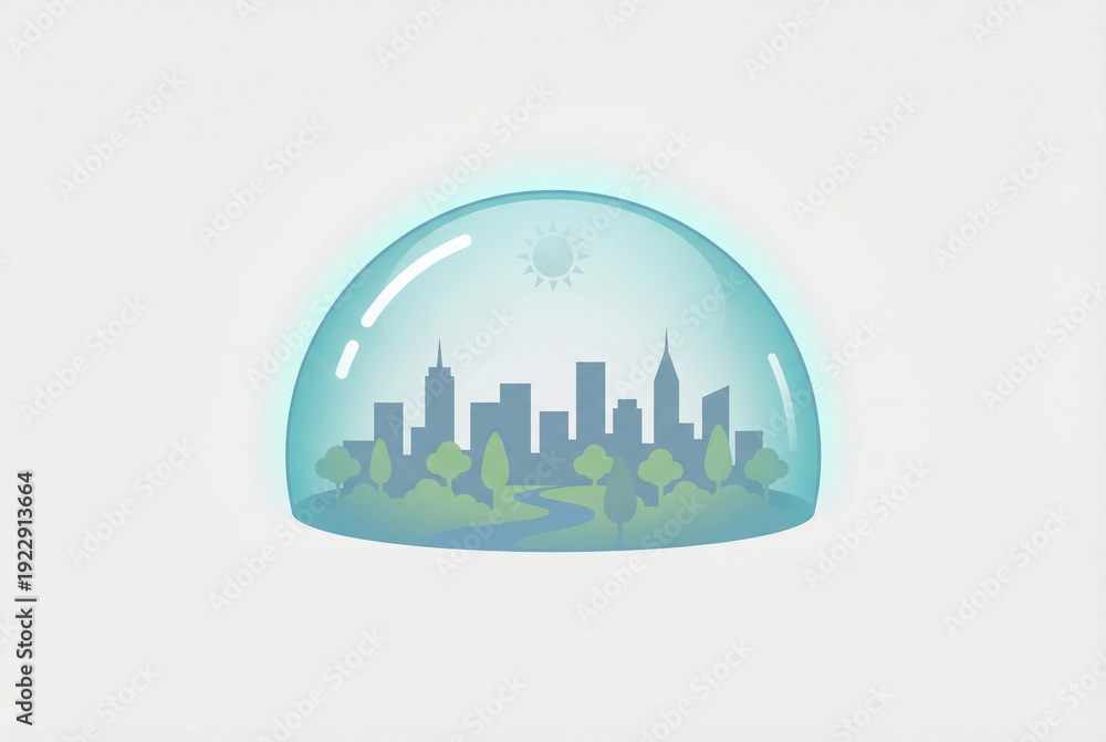 Fototapeta premium Protected city skyline with trees under transparent dome, symbolizing environmental safety, peace and protection from global nuclear threats