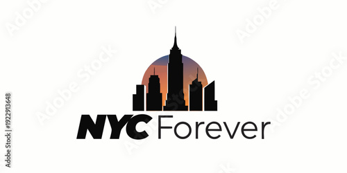 USA, US, U.S,Minimal layered SVG skyline of New York City with bold geometric Empire State silhouette, sunset gradient circle background, clean sans-serif “NYC Forever”, scalable vector, 5-color limit