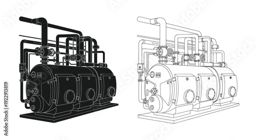Industrial machinery blueprint a detailed illustration of complex piping and tank systems