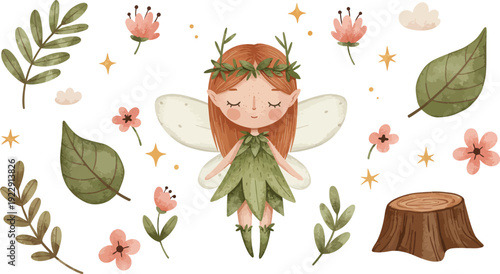Whimsical forest fairy surrounded by leaves flowers and tree stump in a magical setting