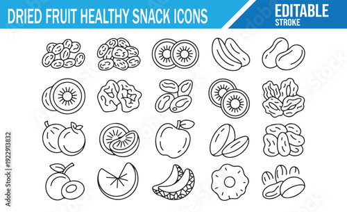 Organic Dried Fruit and Nut Snack Symbols in Line Art Style