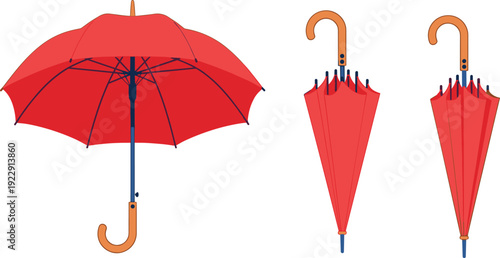 Red umbrella open and closed waterproof rain protection accessory vector illustration weather safety object isolated design collection