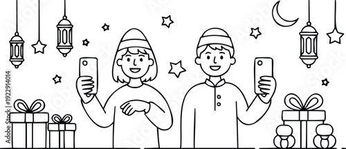 Happy children celebrating ramadan taking selfies with gifts lanterns moon and stars