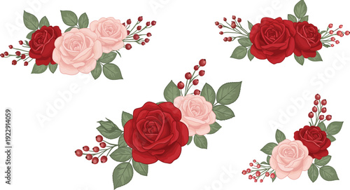 Watercolor floral arrangements with red and pink roses on white background