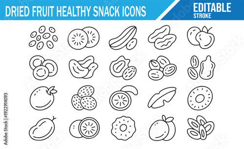 Set of Minimalist Line Icons for Dried Fruits, Nuts, and Berries