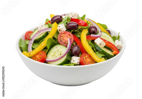 Fresh greek salad with feta cheese and olives isolated on transparent background