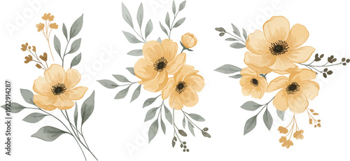 Three watercolor illustrations of yellow flowers with green leaves on white background