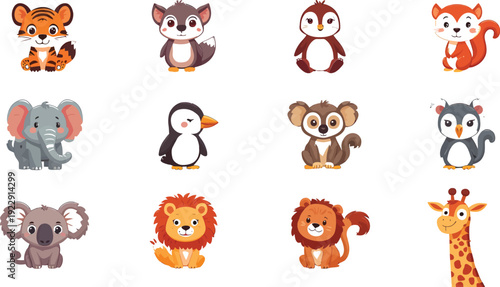 Collection of adorable cartoon baby animals including a tiger elephant penguin lion koala giraffe squirrel and wolf illustrations for children
