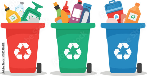 Three colorful recycling bins filled with various plastic containers and bottles demonstrating effective waste management and material sorting practices for a greener future