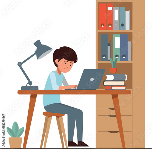 Young student focused intently while working diligently on a laptop computer at a wooden desk near a bookshelf filled with colorful organization binders and office supplies