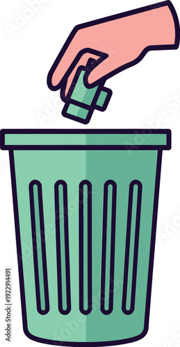 Stylized illustration depicting a hand dropping a small rectangular object into an open green trash receptacle symbolizing waste disposal or deletion of digital information.