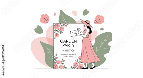 Woman Sending Garden Party Invitation, Floral Design, Summer Celebration