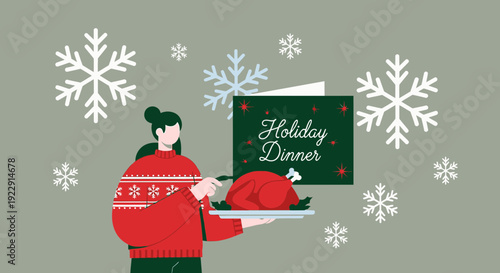 Woman serving holiday dinner with snowflakes and festive card