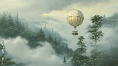 Hot air balloon floats over misty forest landscape against a soft light sky