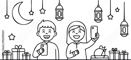 Smiling children taking selfies ramadan event gifts lanterns moon and stars background