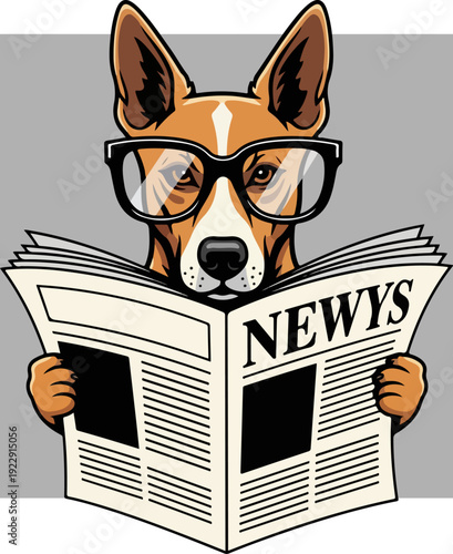 Intelligent dog wearing glasses reading the newspaper.