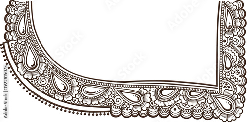 Intricate henna-style corner border design displays complex paisley and teardrop motifs ideal for decorative cultural framing or temporary tattoo concepts.