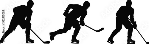 Ice Hockey Player Silhouettes Set with Stick Handling and Skating Poses Isolated on White Background Winter Sport Vector Collection