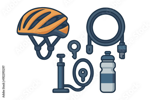 A flat vector illustration of essential cycling accessories including an orange helmet, a cable lock, a water bottle, and a hand pump, all set against a black background.