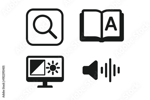 A set of four minimalist icons featuring a magnifying glass, an open book with the letter A, a computer monitor with brightness settings, and a speaker with sound waves.