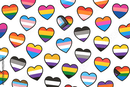 A pattern of colorful hearts representing various LGBTQ+ pride flags, including rainbow, transgender, pansexual, and non-binary designs, scattered across a solid black background.