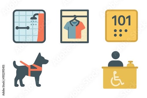 A collection of five flat vector icons representing hotel accessibility features including an accessible shower, closet, braille room number, service dog, and reception desk.
