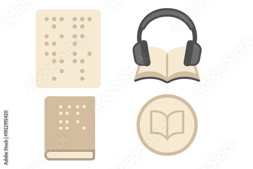 A collection of four flat icons representing accessible reading formats, including Braille text on a sheet and book cover, an audiobook with headphones, and a book symbol.