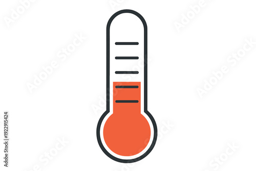 A flat vector illustration of a thermometer with orange liquid inside, set against a solid black background. The icon features a dark outline and horizontal scale markings.