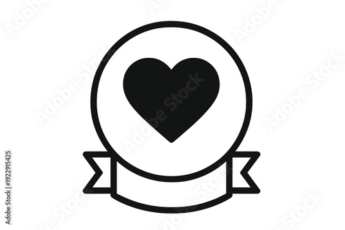 A minimalist black and white icon featuring a solid heart centered within a circular frame with a decorative ribbon banner at the bottom. This flat vector graphic is on a white background.