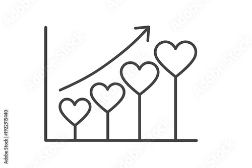 This minimalist line drawing shows a bar graph with hearts of increasing size and an upward arrow, representing growth in love, health, or social media engagement metrics.