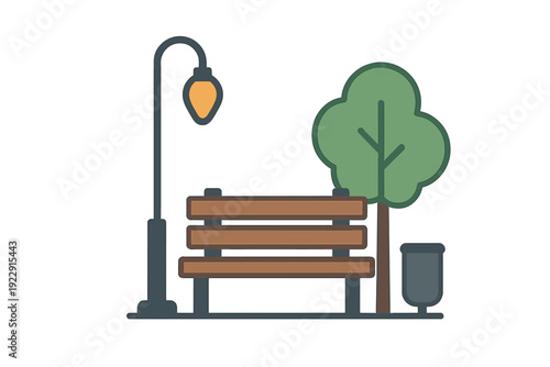 This flat vector illustration depicts a quiet park setting with a brown wooden bench, a curved street lamp, a green leafy tree, and a trash bin against a black background.