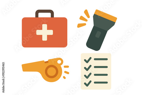 This illustration features four essential safety items: a first aid kit, a flashlight, a whistle, and a checklist, all designed in a clean and modern flat style.