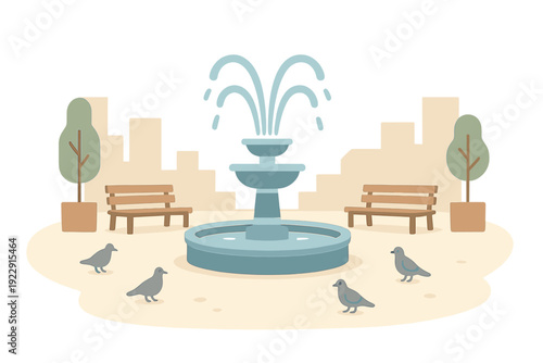 A flat illustration of a city park featuring a central blue fountain with water jets, two wooden benches, potted trees, and pigeons on the ground against a beige urban background.