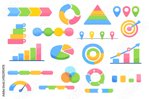 A collection of colorful 3D infographic elements including bar charts, pie charts, arrows, and progress bars on a black background. Ideal for business presentations and data visualization.