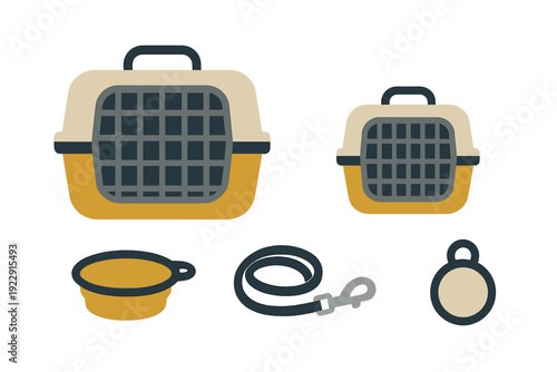 This flat vector illustration features two pet carriers, a collapsible bowl, a leash, and an ID tag. The items are colored in yellow and beige against a solid black background.