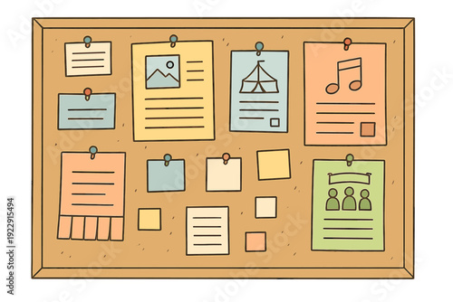 A hand-drawn illustration of a cork bulletin board filled with various colorful notes, flyers, and papers pinned with push pins. It features icons for music, camping, and people.