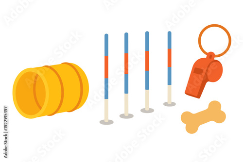 A flat vector illustration featuring dog agility training equipment including a yellow tunnel, four weave poles, an orange whistle, and a bone-shaped treat on a black background.