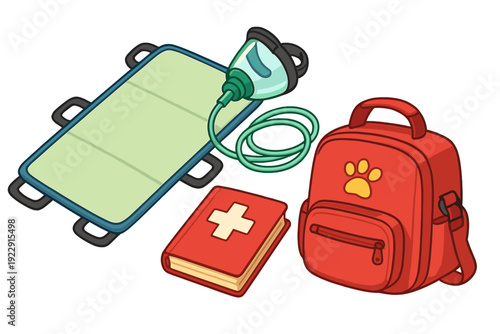 This cartoon illustration features veterinary emergency equipment such as a red backpack with a paw print, a first aid book, an oxygen mask, and a green medical stretcher for animals.
