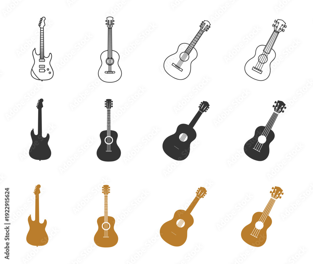Fototapeta premium Guitar Icon Set. Acoustic and Electric Guitar Line and Solid Vector Collection